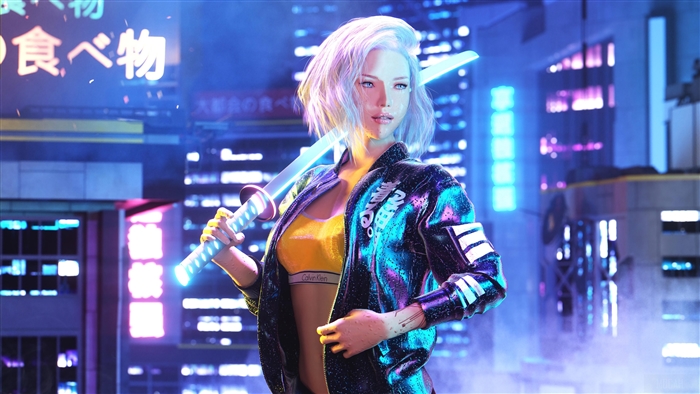 Girl with glowing sword in Cyberpunk city 4K