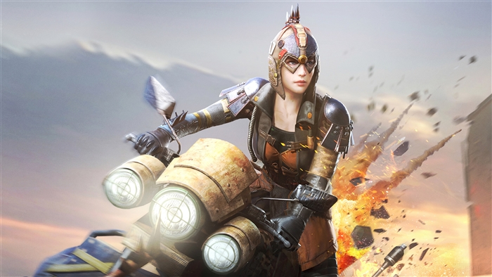 Woman in futuristic armor riding a motorcycle in PUBG Mobile