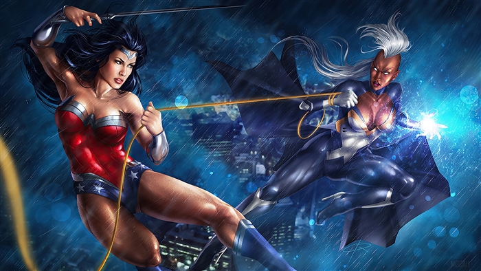 Wonder Woman and Storm fighting in the rain