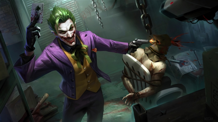 Joker from DC Comics holding a card and shooting a victim