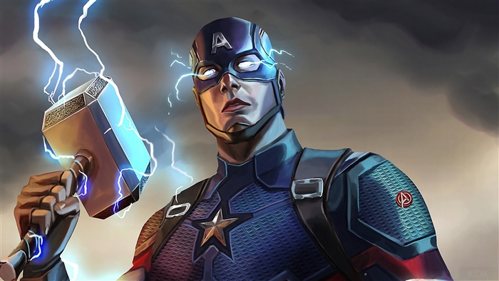 Captain America wielding Mjolnir with lightning