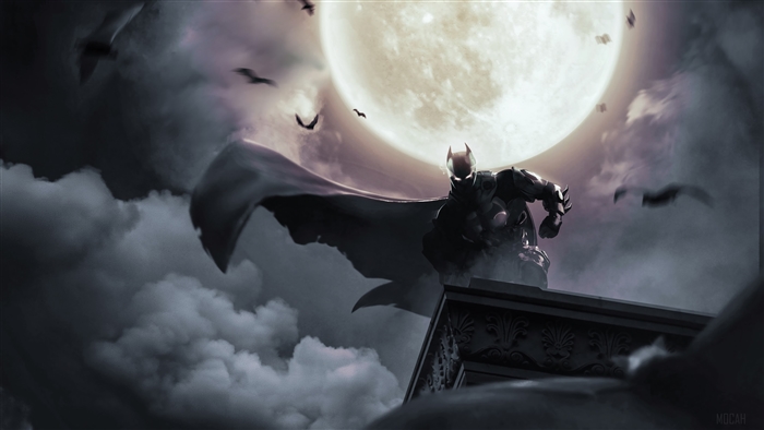 Batman on a rooftop under a full moon with bats