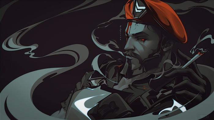 Brimstone from Valorant smoking a cigarette