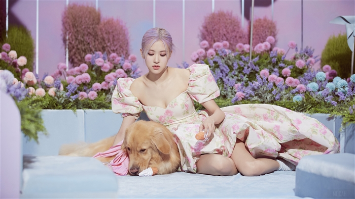 Rosé from BLACKPINK with a dog and flowers