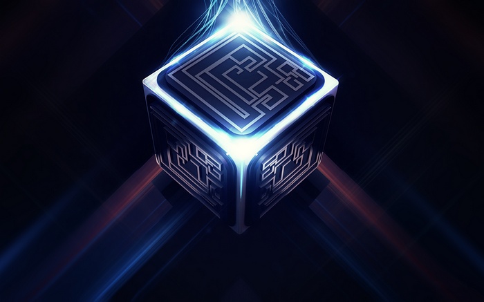 Glowing circuit cube with abstract light patterns