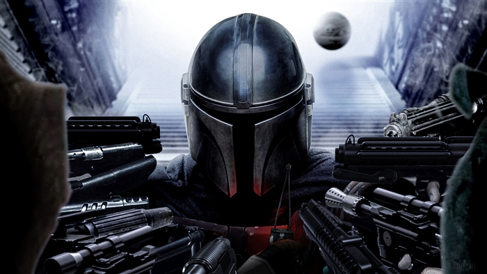 The Mandalorian Surrounded by Blasters 4K