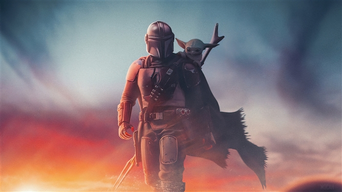 The Mandalorian and Baby Yoda at Sunset 4k