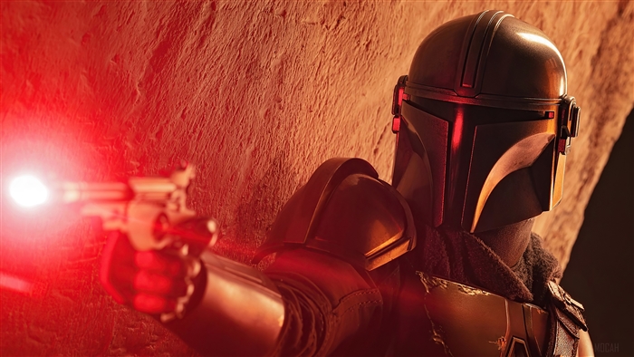 The Mandalorian Firing Blaster in Intense Red Light 4K