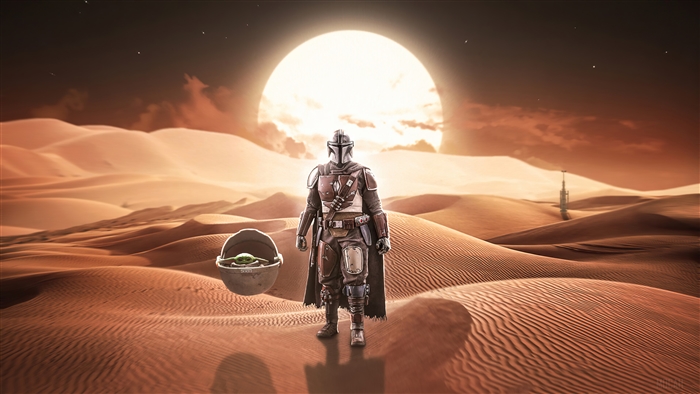 The Mandalorian and Baby Yoda in a desert landscape