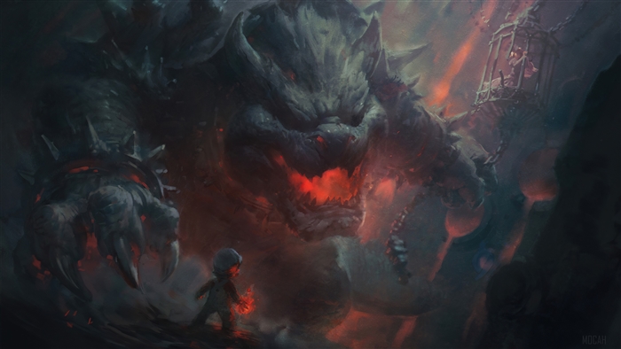 Mario Facing Giant Fiery Monster 4K Art