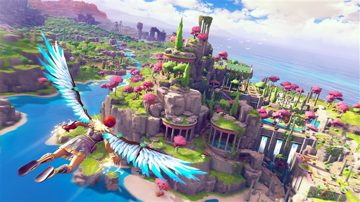 Immortals Fenyx Rising: Fenyx flying over a Greek-inspired landscape 4K