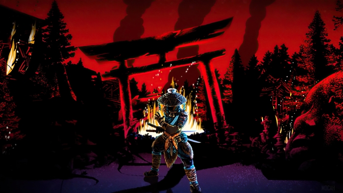 Aramusha from For Honor in a burning forest