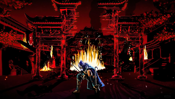 Nuxia from For Honor in a burning Wu Lin temple