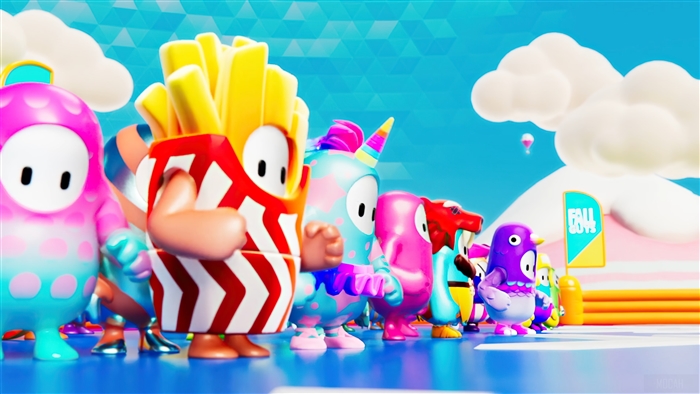 Fall Guys Ultimate Knockout characters in a line