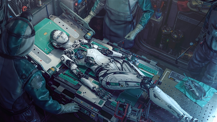 Cyberpunk Robot on Operating Table 4k