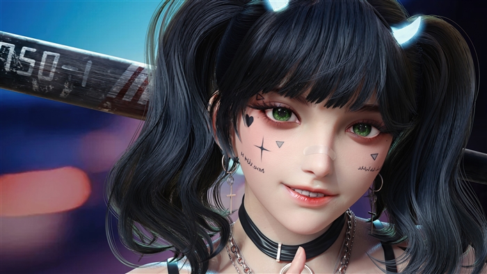 Smiling Anime Girl with Tattoos and Horns 4K