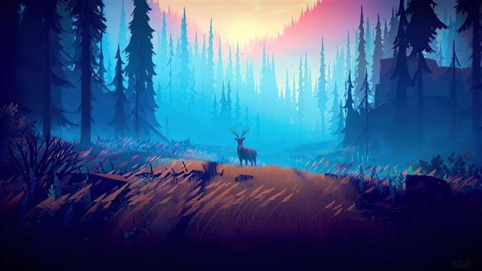 Deer in a misty forest at sunrise