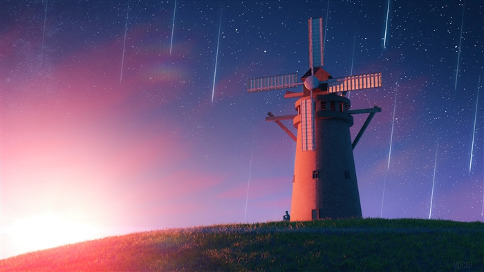 Windmill under meteor shower at sunset