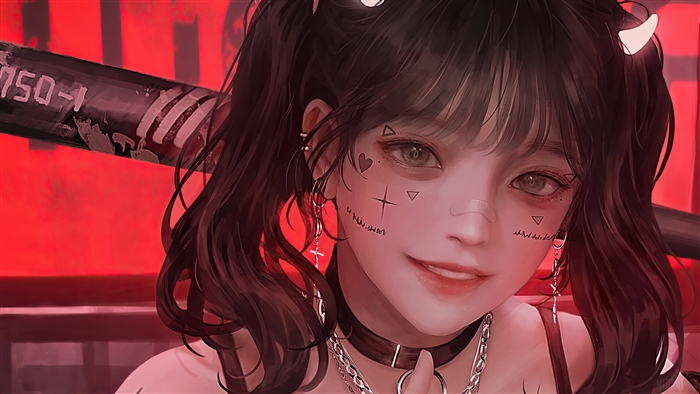 Anime girl with tattoos and horns