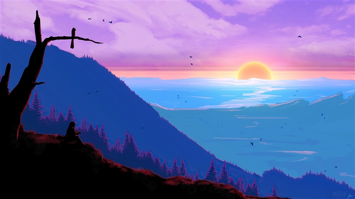 Serene Mountain Sunset with Minimalist Digital Art 4K