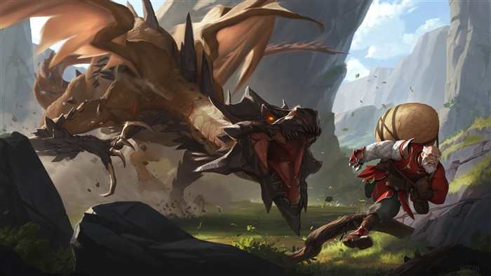 Dragon attacking a man carrying a large sack in Legends of Runeterra 4K