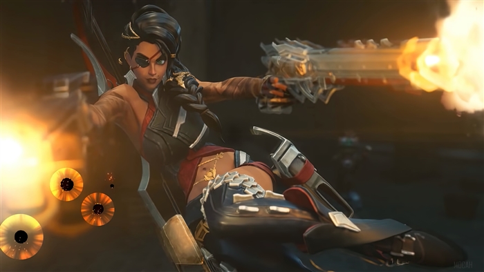 Samira from League of Legends firing a gun
