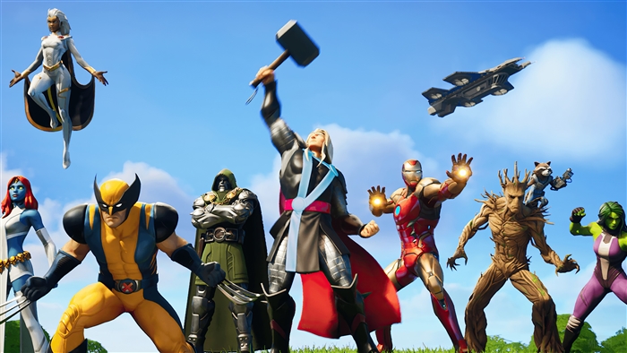 Fortnite characters: Storm, Mystique, Wolverine, Doctor Doom, Thor, Iron Man, Groot, Rocket Raccoon, She-Hulk