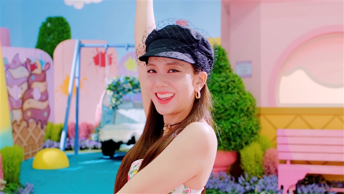 Jisoo from BLACKPINK in a playful ice cream themed setting