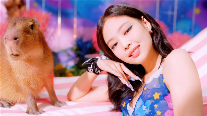 Jennie from BLACKPINK with Capybara in Colorful Setting 4K