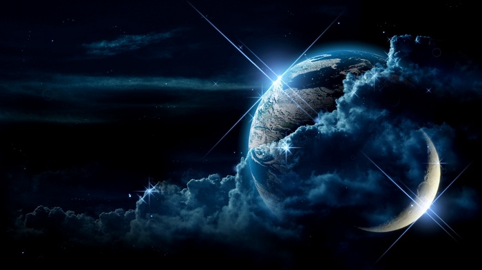 Earth and Moon Amidst Cosmic Clouds and Stars