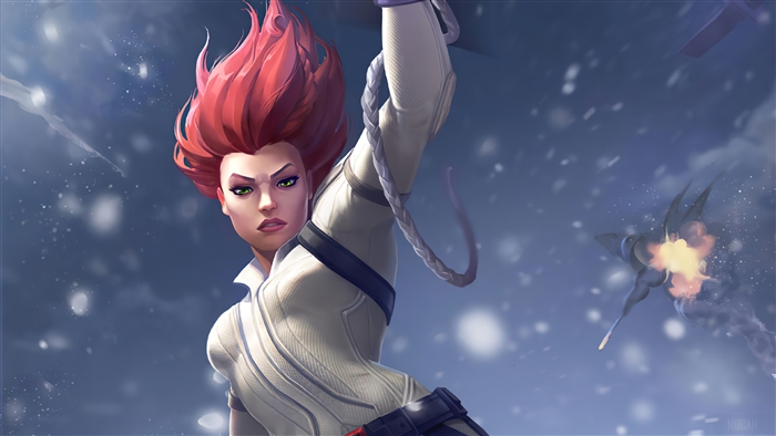 Black Widow in white suit with exploding aircraft