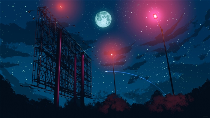 Anime starry night sky with moon and billboard