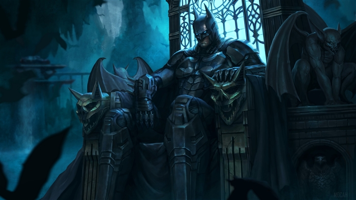 Batman sitting on a throne in the Batcave 4K