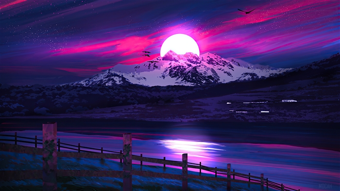 Moonlit Mountain Night Landscape in Vibrant Colors