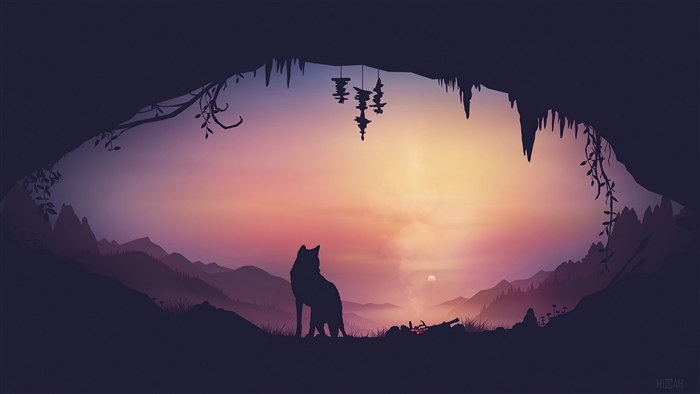 Wolf in a cave at sunset, minimalist digital art 4K