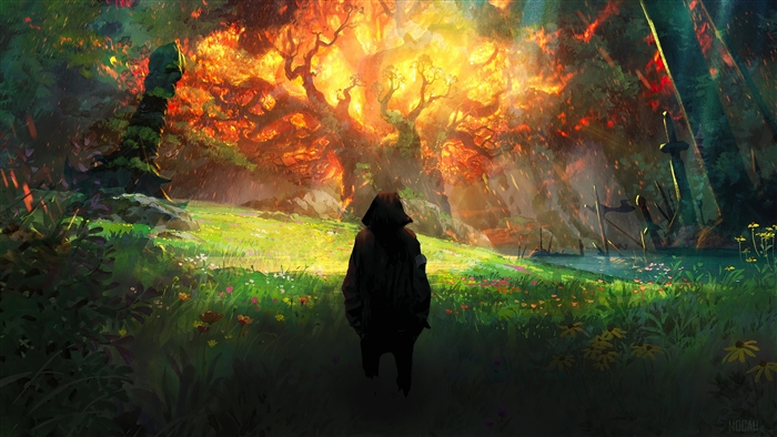 Figure in a dark cloak approaches a burning World Tree in a forest