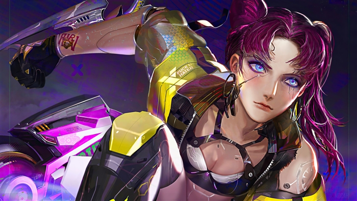 Cyberpunk 2077 girl with purple hair and blue eyes