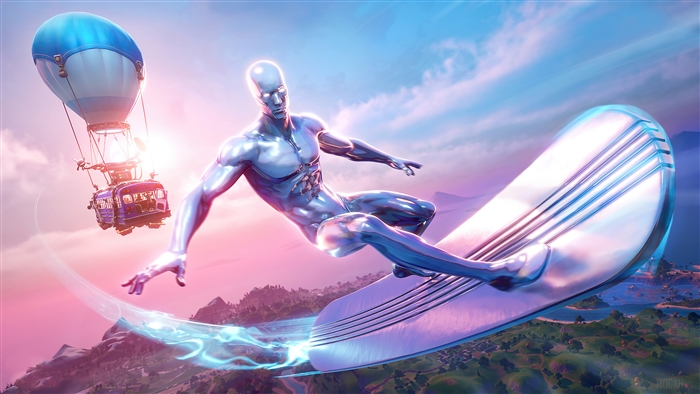 Silver Surfer from Marvel Comics on a surfboard in Fortnite
