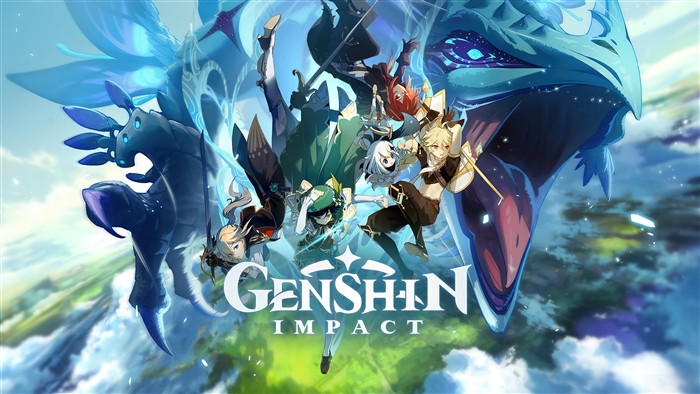 Genshin Impact Key Art Featuring Characters and Dragon 4K