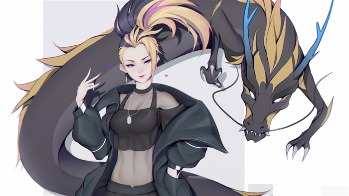 Akali from League of Legends with a dragon