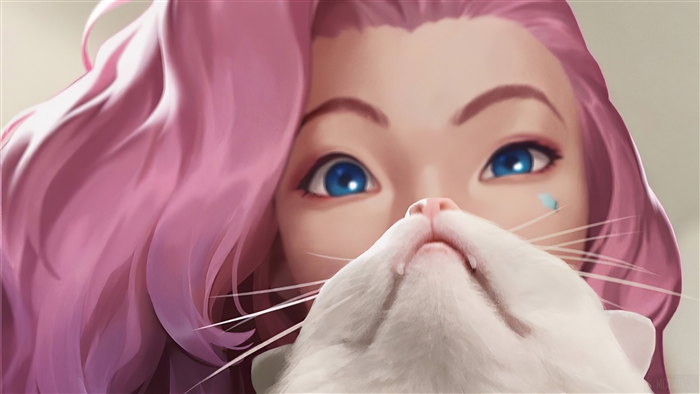 Seraphine from League of Legends with a cat 4K