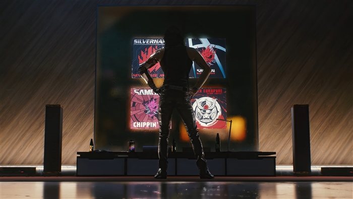 Johnny Silverhand from Cyberpunk 2077 with Samurai posters