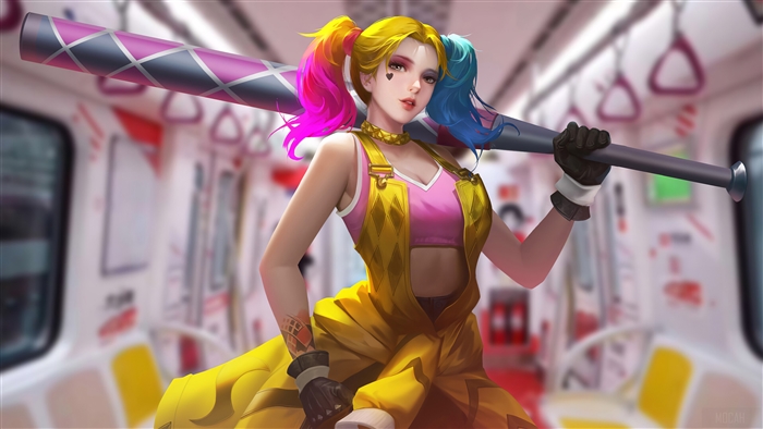 Harley Quinn with baseball bat in subway