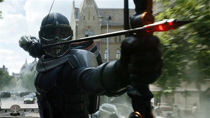 Taskmaster from Black Widow aiming a bow
