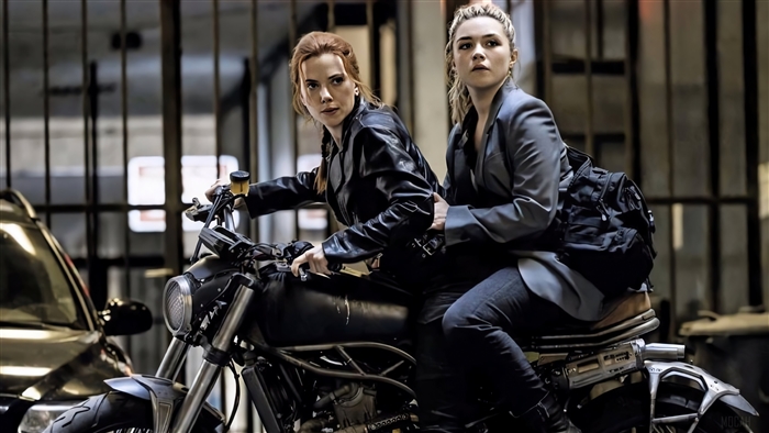 Natasha Romanoff and Yelena Belova on a motorcycle