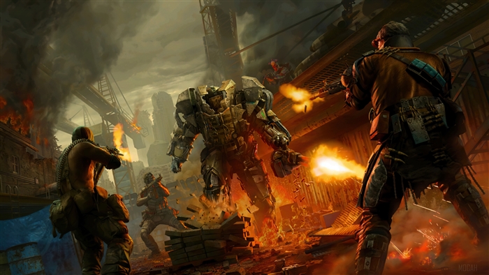 Soldiers fighting a mech in a destroyed city