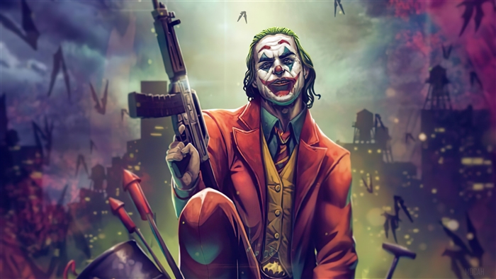 Joker Holding Rifle in Dark Cityscape 4K
