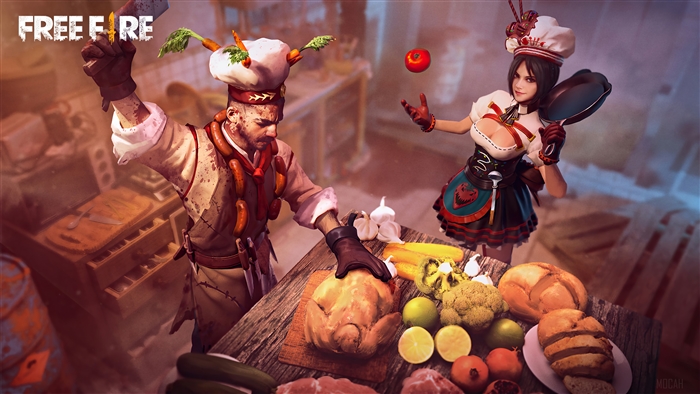 Free Fire characters preparing food in a kitchen