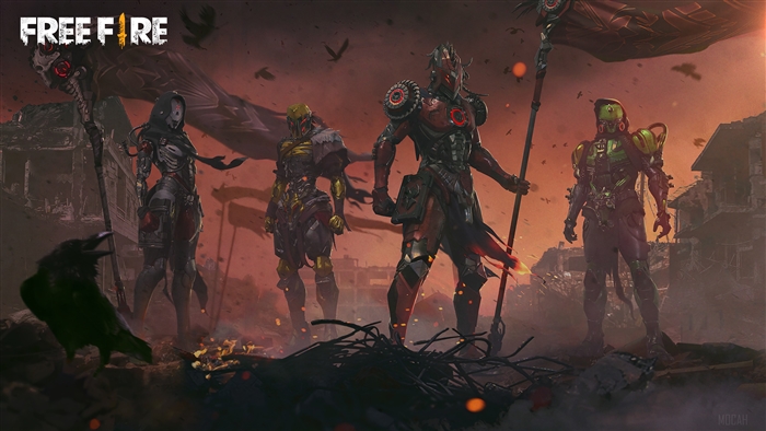 Free Fire characters with flags and a crow