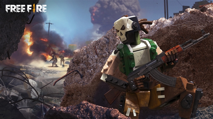 Free Fire character with AK-47 in a war-torn landscape